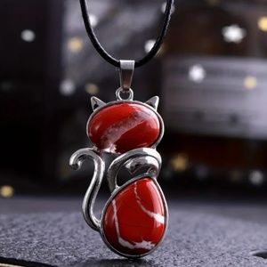 NWT Purrfect Gemstone Redstone Silver Tone Cat Pendant with Necklace!